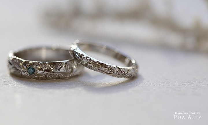ハワイアンジュエリー 結婚指輪 マリッジリング オーダーメイド プラチナ Pt900 ブルーダイヤモンド 模様 クムリポ プアアリ PUAALLY 鍛造