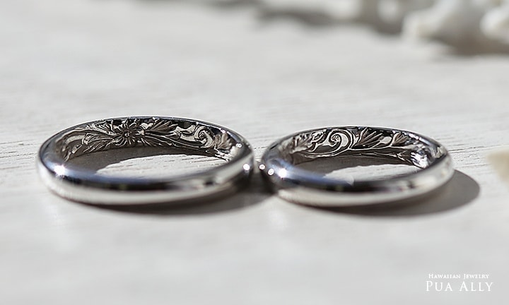 ハワイアンジュエリー 結婚指輪 マリッジリング オーダーメイド Pt900 プラチナ  模様 リリウオカラニ プアアリ PUAALLY 鍛造  内側彫り