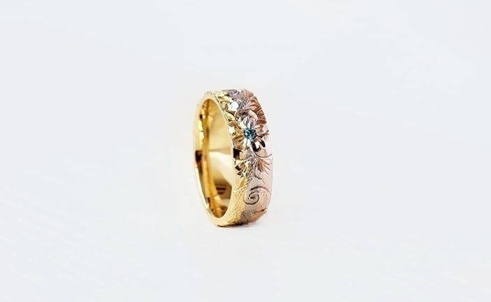 ハワイアンジュエリー 結婚指輪 マリッジリング スリーカラーリング オーダーメイド K18 18金 グリーンゴールド ホワイトゴールド ピンクゴールド 模様  プアアリ PUAALLY 鍛造