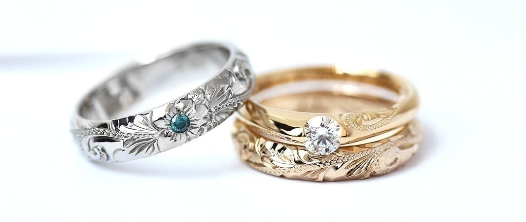 K18イエローゴールド0,3カラットHONO婚約指輪　プラチナK18ブラウンゴールド結婚指輪